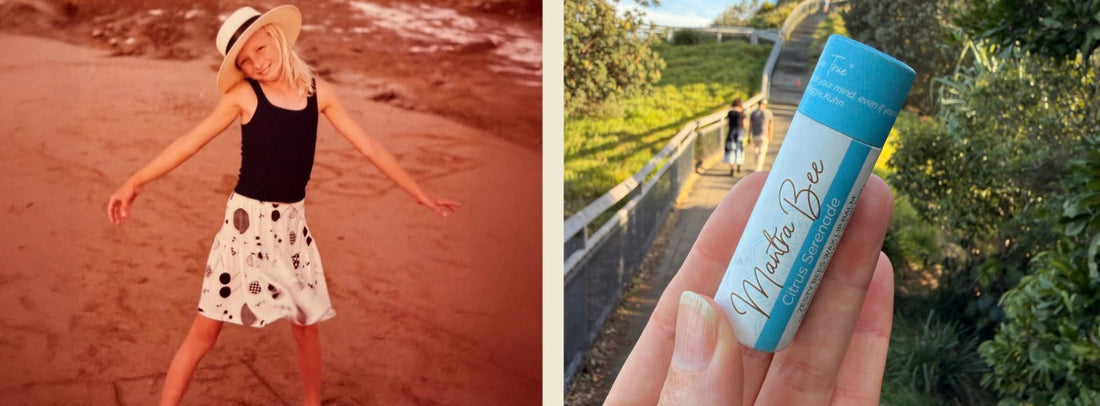 Young Nicole alongside a Mantra Bee Citrus Serenade plastic-free lip balm, reflecting the story behind the creation of Mantra Bee lip balms.