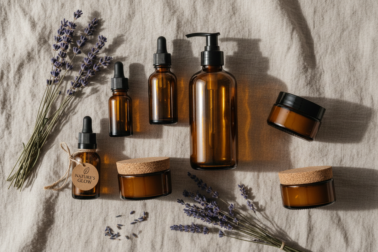 flat layout out of various glass amber bottles showing sustainabilty in skin with some dried laverder lfowers scatter on a linen background.