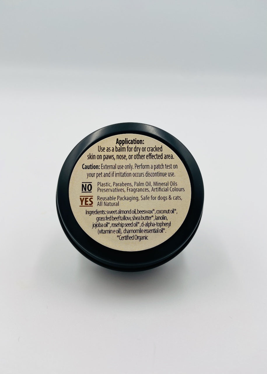 Paw Balm back of container with ingredients label on a white background