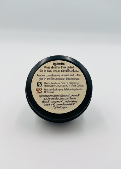 Paw Balm back of container with ingredients label on a white background